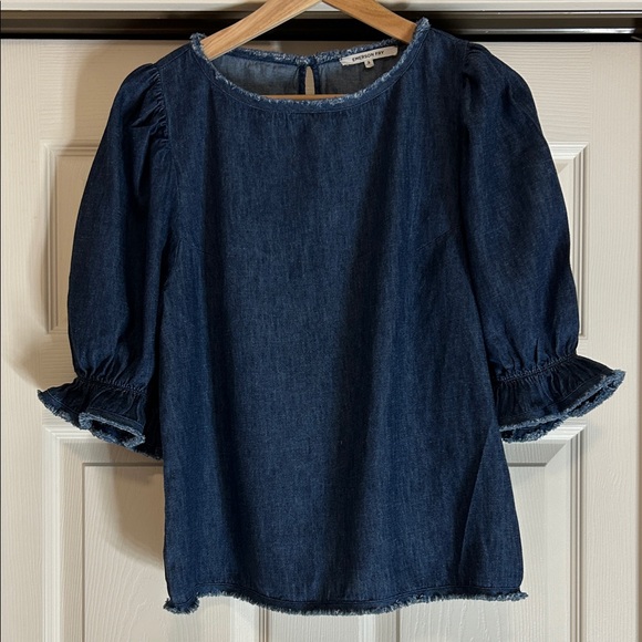 Emerson Fry Pearl Blouse Puff Sleeve Denim Top Size Small - Picture 2 of 9